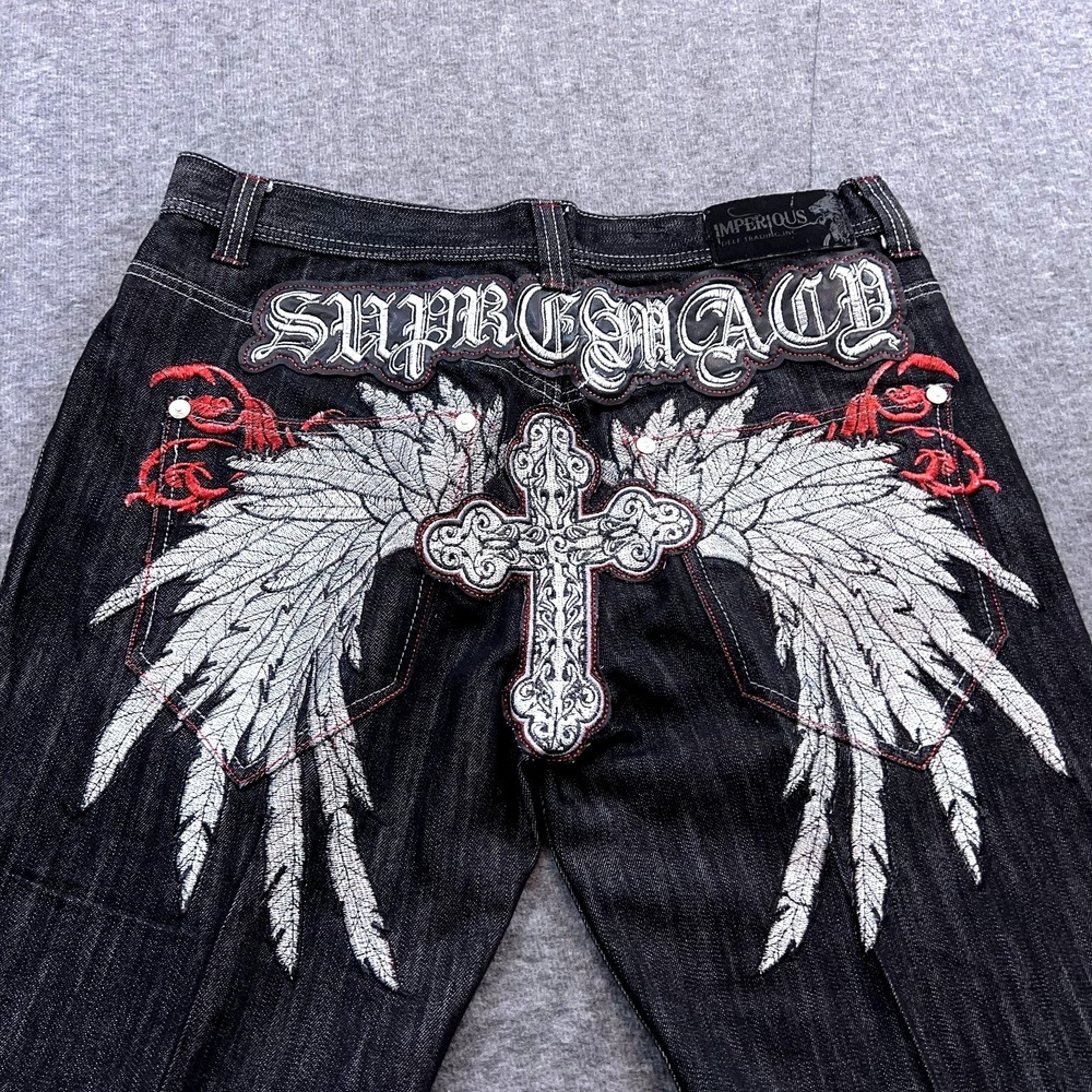 VTG Y2K Imperious Delf Trading Jeans Men 36x33 Goth Grunge Wing Embroidery Baggy